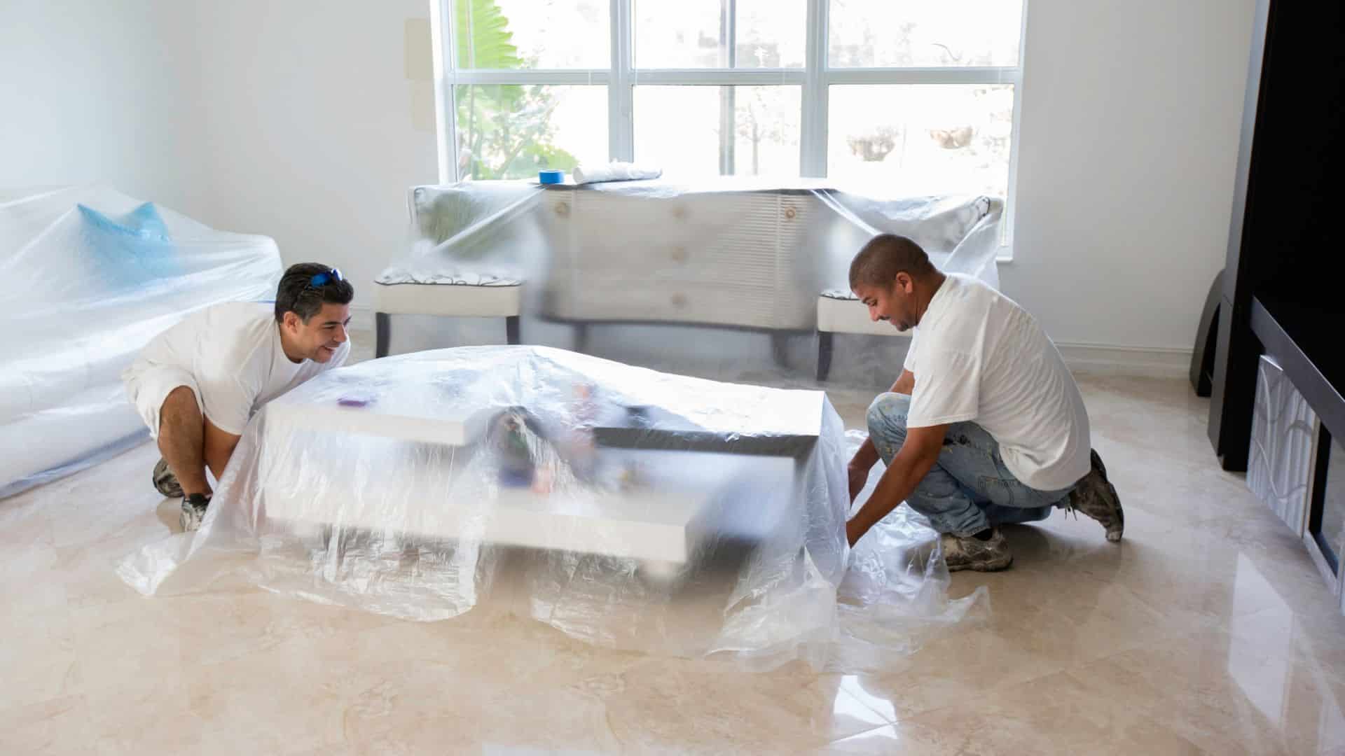 Møbler er omhyggeligt indpakket i beskyttende film for at undgå skader under renoveringsarbejde.