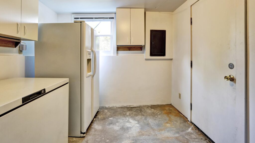 Et ældre, slidt køkken i en kælderlejlighed med lavt loft. Gulvet viser tegn på slid, og væggene er i dårlig stand, hvilket skaber en rustik atmosfære.